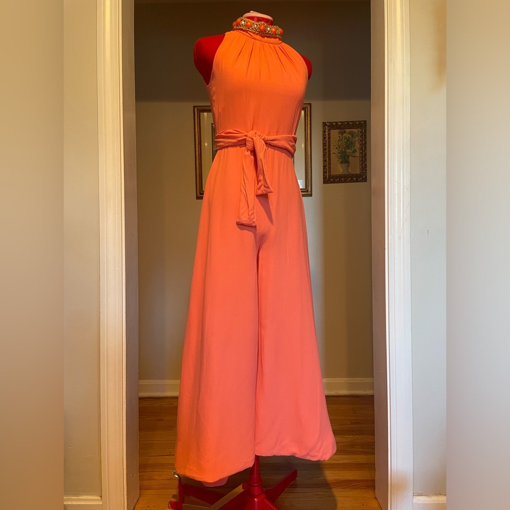 VTG 60s / 70s Coral Halter Wide / Balloon Leg Jumpsuit W Embellished Collar - Picture 4 of 13